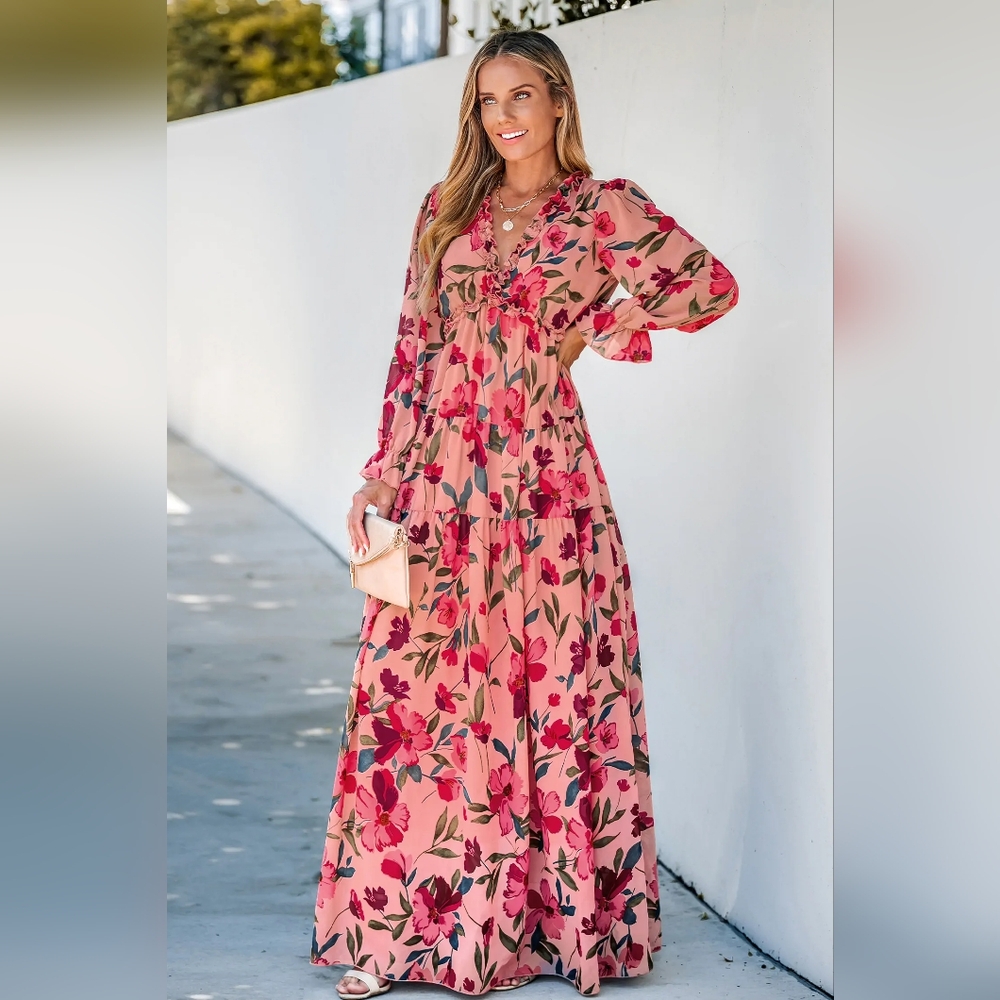 Floral Pink Ruffle Maxi Dress